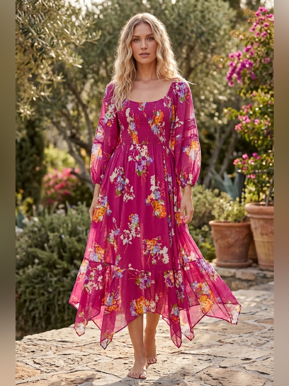 Free People Pink Floral Smocked Midi Dress Boho Puff Sleeve Asymmetrical Hem XS